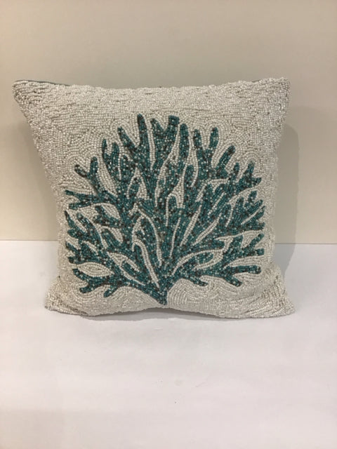 Blue/White Beaded Coral Pillow