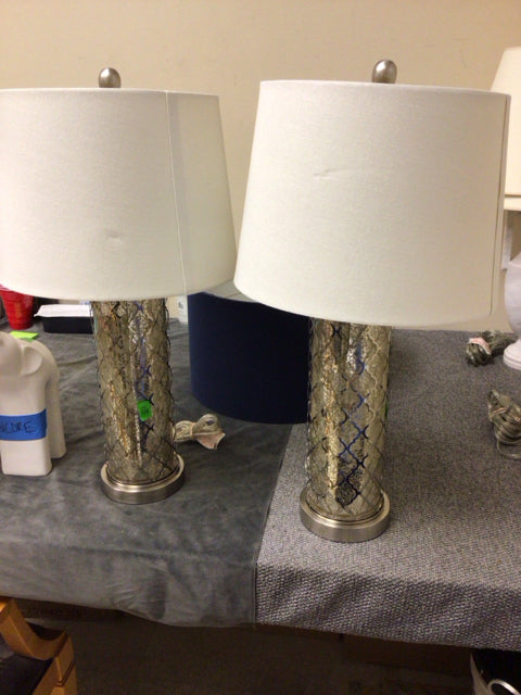 Pair Of Metal Mercury Glass Table Lamps W/Shades