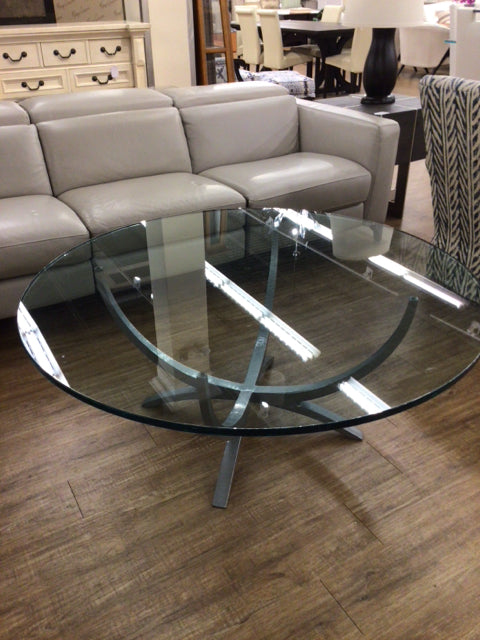 48" Round Glass/Silver Metal Base Coffee Table