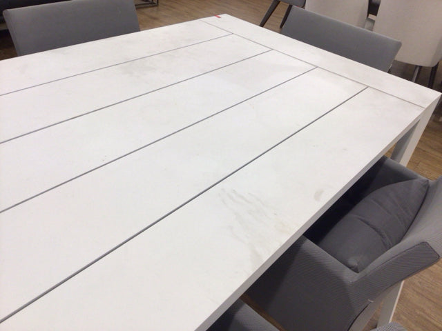 AS-IS 110" City Furniture Linear Dining Table W/8 Lisbon Gray Cushioned Chairs(T