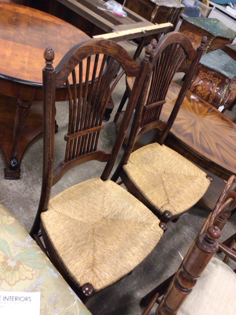 Pair Of Antique Country & Pine Ladder Back Rush Seat Dining Chairs