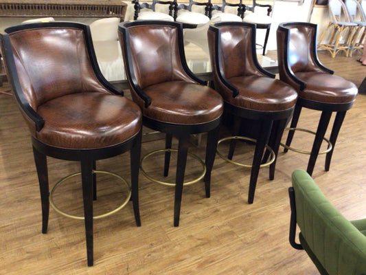 Set Of 4 Brown Leather Swivel Bar Stools