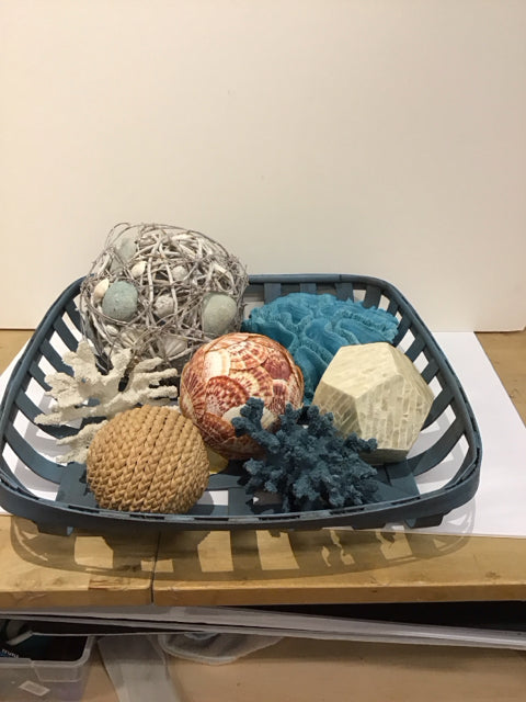 Blue Wash Rattan Tray w/Sea Shells etc.