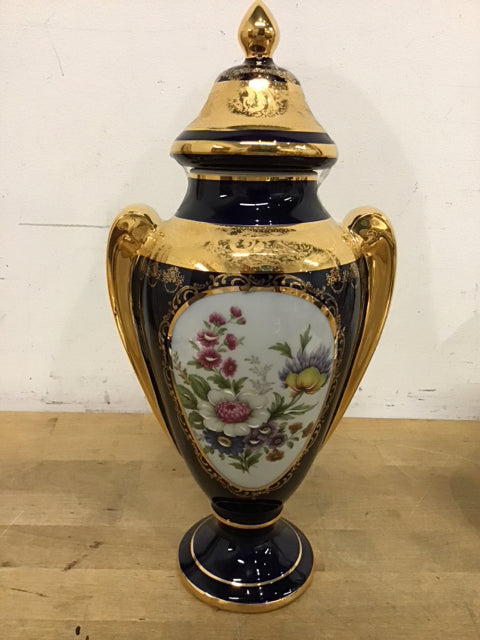 13.5" Limoges Colbalt Blue & Gold Porcelain Urn