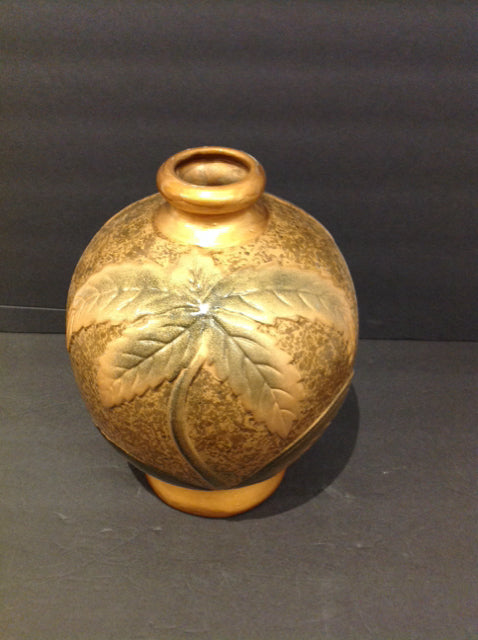 10" Gold Ceramic Vase w/Painted Flowers