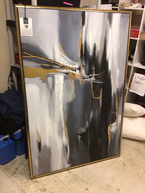 40" X 60" Blue/White/Gold Framed Abstract Print On Canvas