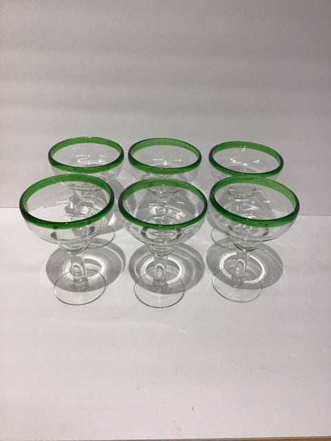 Set/6 Green Rim Margarita Glasses