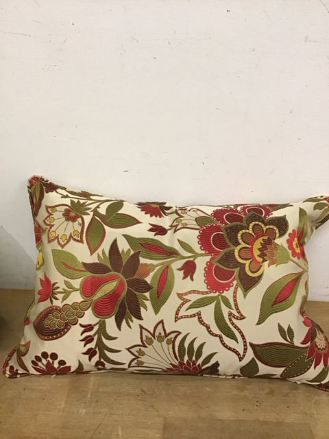 15"x22" Beige W/Green & Red Florals Lumbar Down Filled Pillow