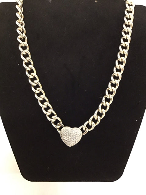 Silver Tone Necklace w/Pave Heart Pendant