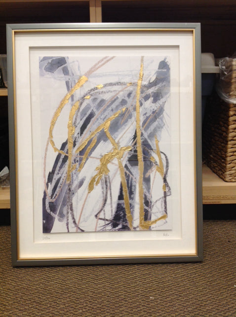 32x25.5 Framed Gold/Blue Abstract on Paper