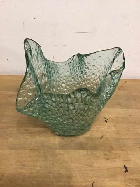 9" Green Handkerchief Bubble Glass Vase
