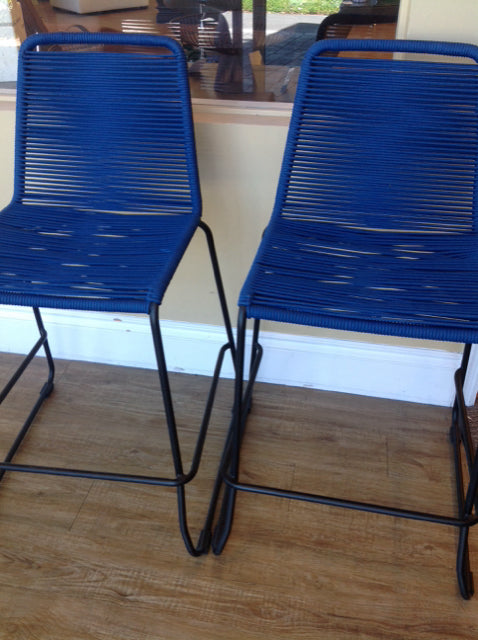 Set Of 2 Blue Cord & Metal Bar Stools