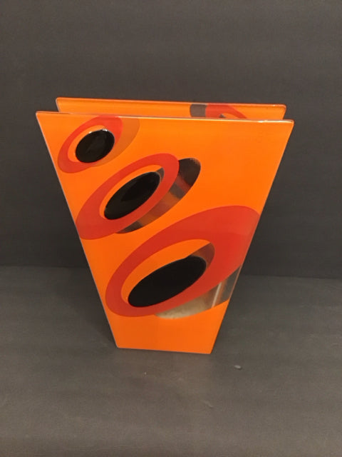 12" Orange Art Glass Abstract Vase w/Black Accents