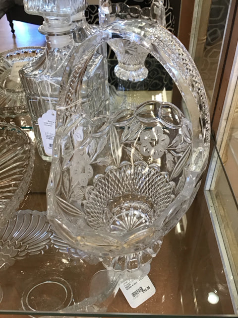 10.5" Vintage Crystal Basket Bowl W/Etched Flowers