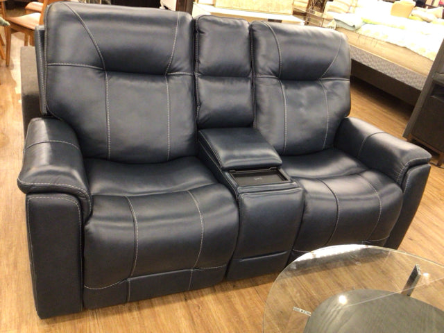 77" X 41" X 42" RTG Mathew's Cove Blue Triple Power Reclining Loveseat W/Console