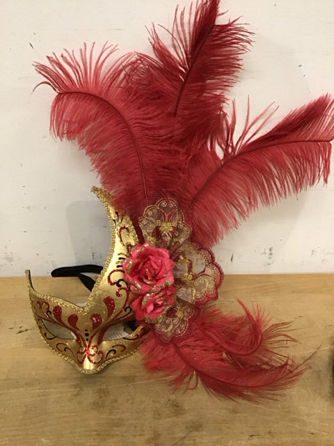 16" Red & Gold Feather WlFlorals Mask