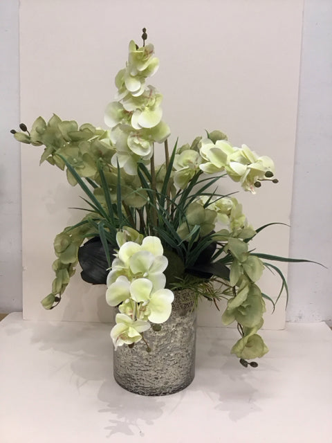 Faux Orchids w/Rd Decorated Metal Planter