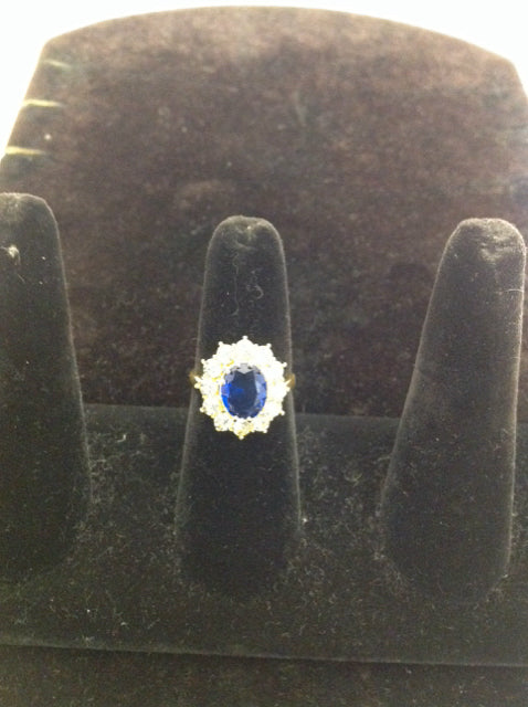 Gold Ring w/Blue & Clear Rhinestones