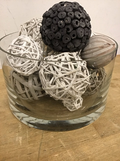 5"Hx9"W Round Clear Glass Bowl W/Decorative Balls