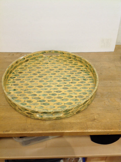 18" Round Green Fish Mother of Pearl Tray
