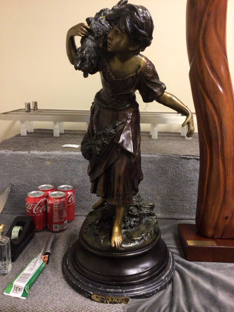 2' Auguste Moreau Woman With Wood Bronze Sculpture