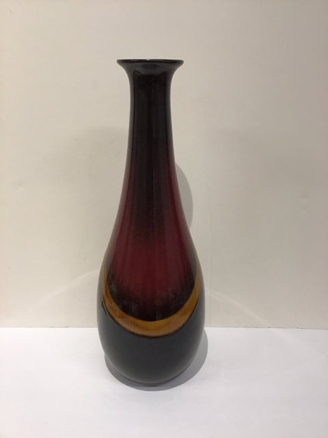 20" Brown Ceramic Vase w/Red/Gold Glaze
