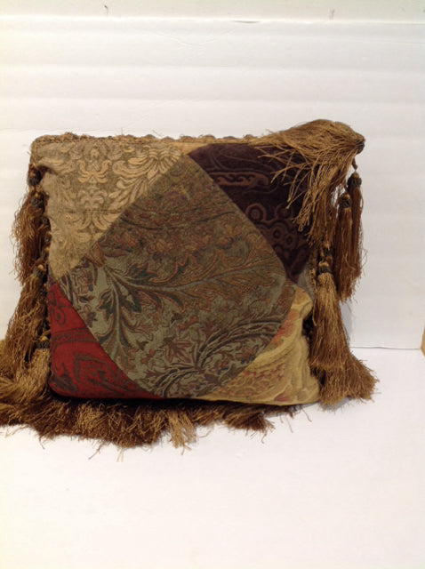 Gold/Green/Burgundy Pillow w/Fringes