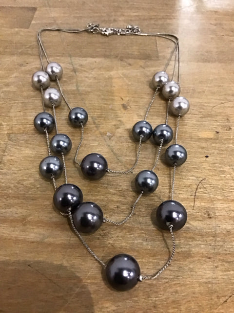 3 Strand Silvertone Faux Multi Gray Pearl Necklace