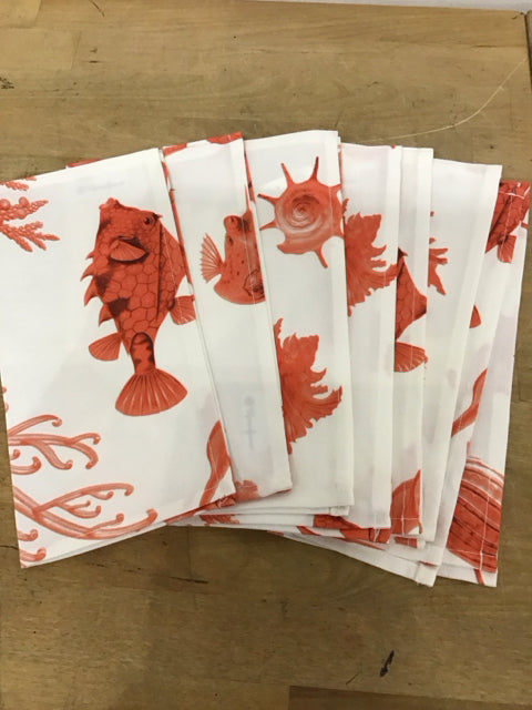 Set Of 8 Ivory & Orange Sea Life Napkins