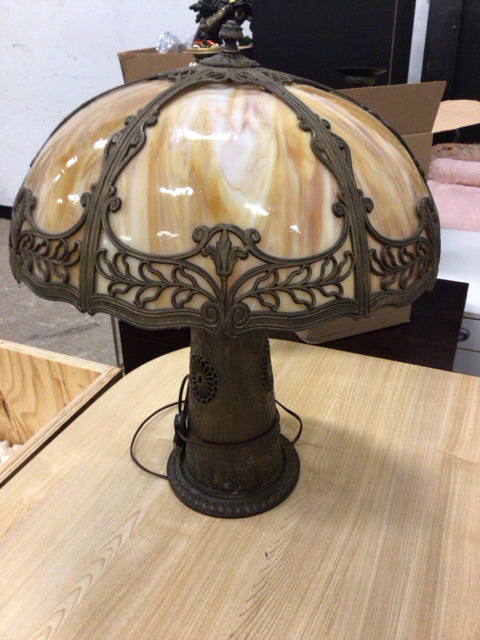 Brass Tiffany Style Table Lamp W/Marble Shade