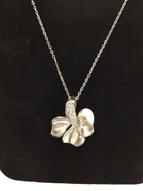 Silver Tone Necklace w/Pave Flower