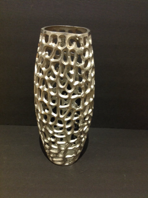 16" Silver Metal Vase w/Web Openings