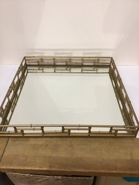 18" Sq Gold Metal & Mirror Tray