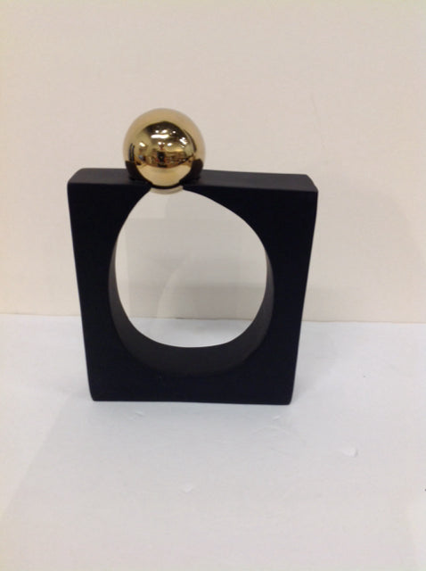 7"Sq Black Wood Abstract Sculpture w/Gold Ball