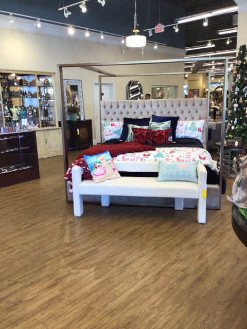 Rose Fabric Button Tufted Brass Canopy King Bed