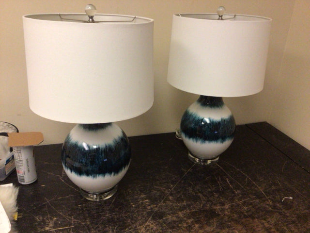 Pair Of Lumen Blue & White Glass Table Lamps W/Shades