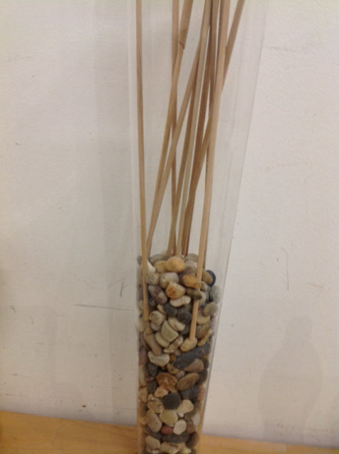 Vase- 23" Clear Glass W Stones & Reeds