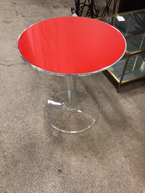 AS-IS 19" Round Acrylic Red Top End Table(Scratches In Top)