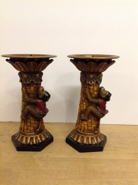8" Gold Column Candle Holders w/Monkeys