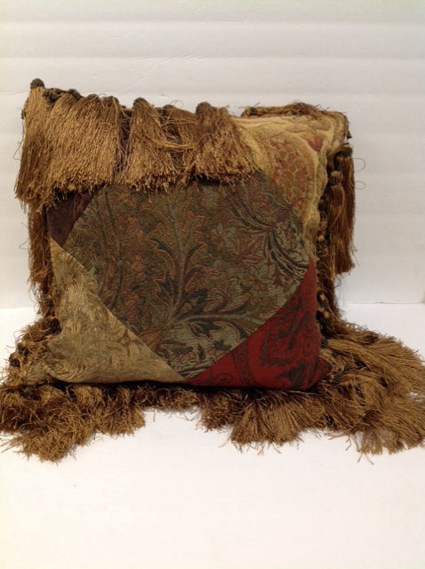 Gold/Green/Burgundy Pillow w/Fringes
