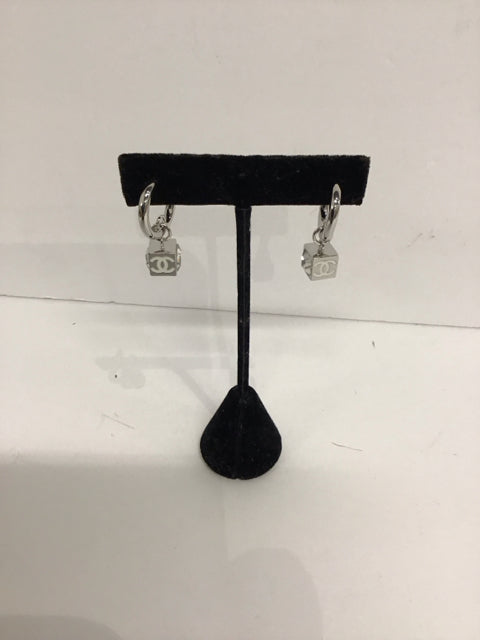 Chanel Style Silver Dangling Cube Earrings