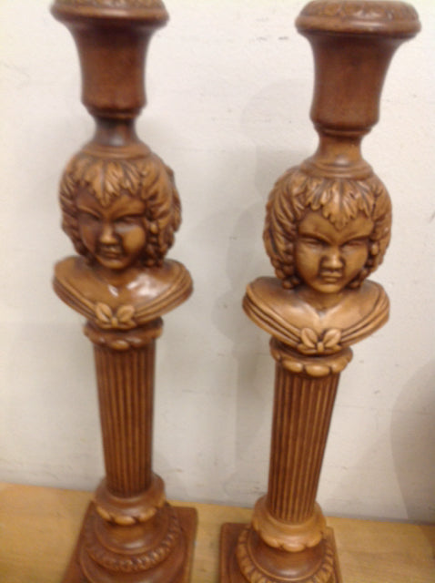 Candle Holders - 18" Pair Of Brown Face Ceramic