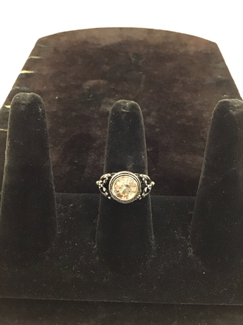 Silver Decorated Ring w/Orange Crystal