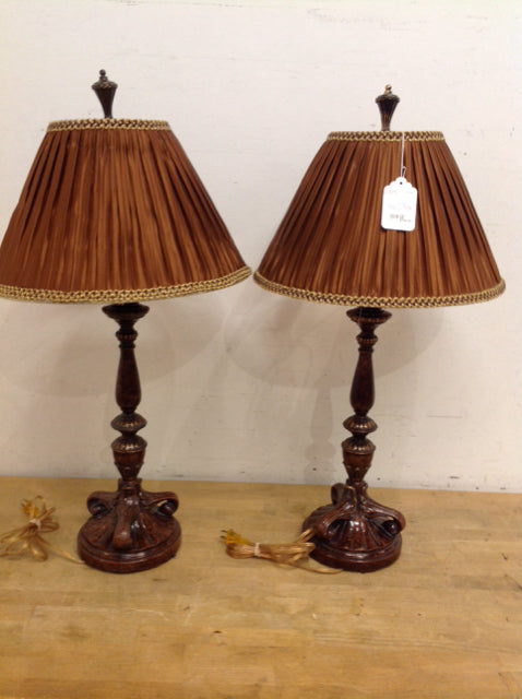 Pair Burnished Metal Tripod Lamp/Shirred Rust Gold Shade