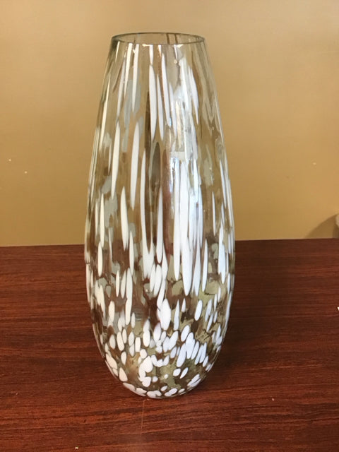 13.5" Paint Spatter Beige & White Glass Vase