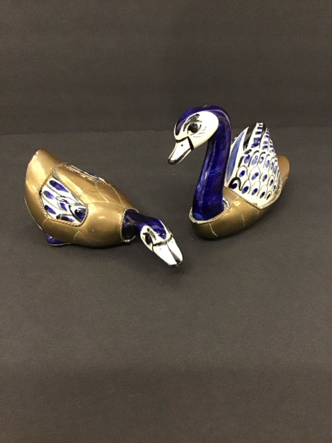 Pair Blue/White Painted Ducks w/Brass Accents