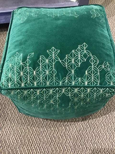 18" Sq. Green Velvet W/Gold Pattern Pouf