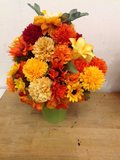 14" Mixed Fall Floral In Green Vase