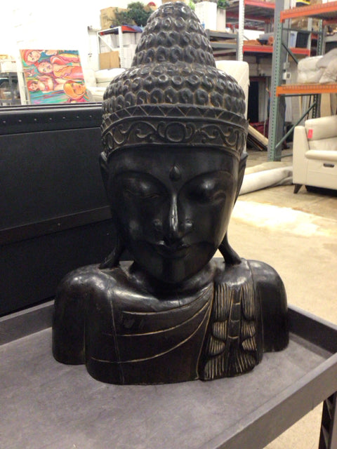 Wood Carved Black Buddha Bust