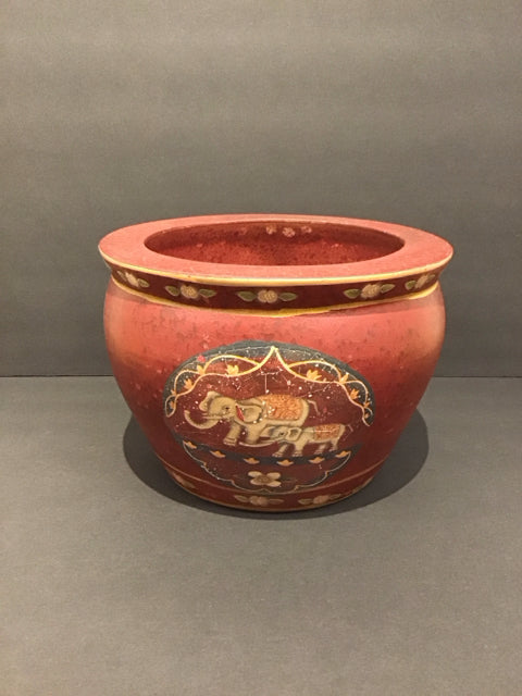 10" Red Clay Planter w/Painted Elephant Design